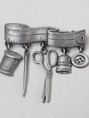 JJ Pewter Seamstress Brooch Dangling Charms Sewing Dressmaker Gift Jewelry Pin